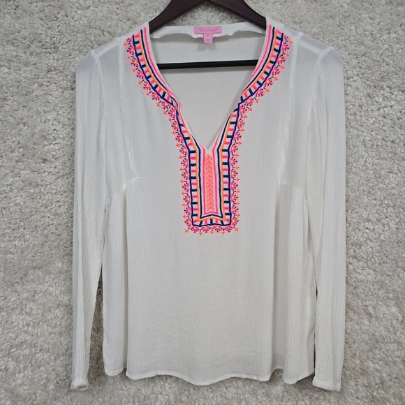 Lilly Pulitzer Top Womens XS White Dahle Embroidered Long Sleeve‎ Beach Tropical - Picture 1 of 13